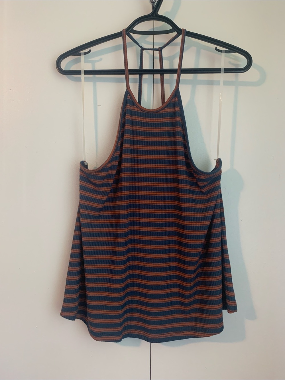 Lush Navy Blue & Orange Ribbed Knit Spaghetti Strap Halter Tank Top Size Medium